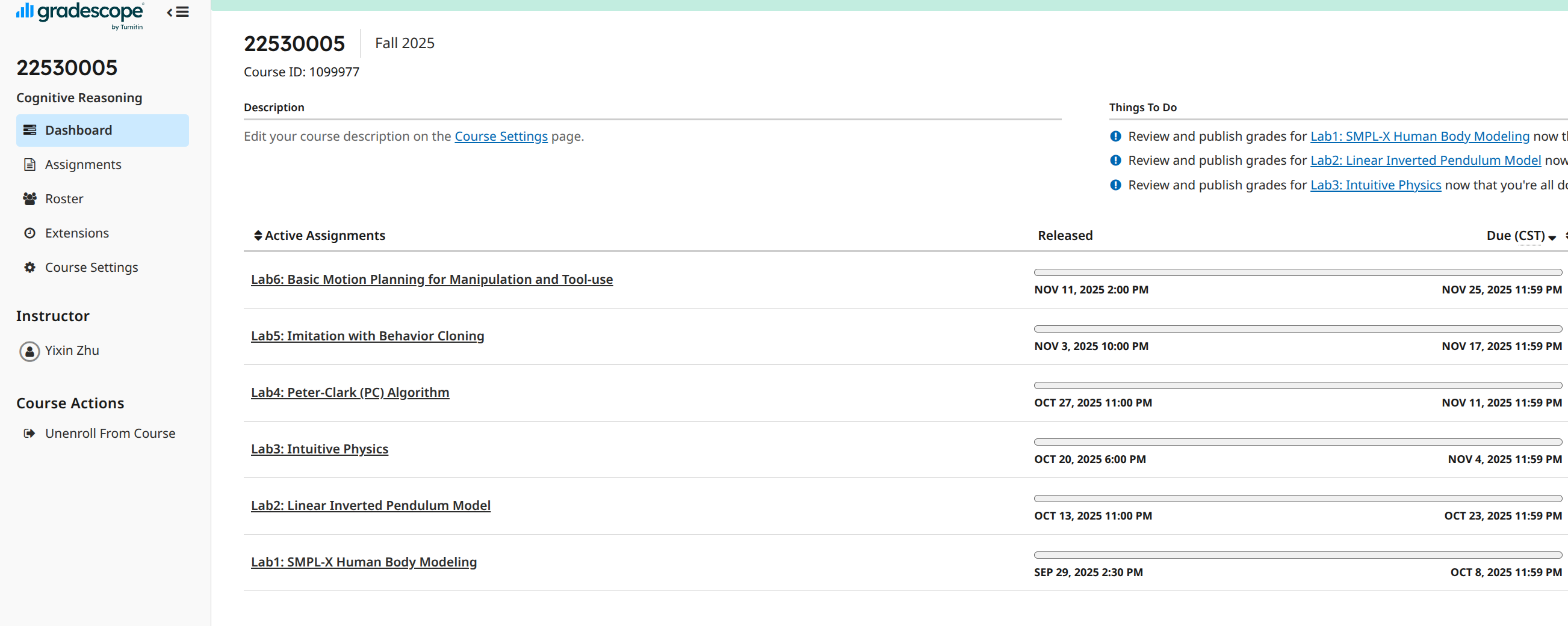 Gradescope course dashboard